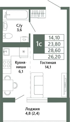 . Вариант № 1729586, 1, площадь - 26.2 квм, цена 4490000 рублей