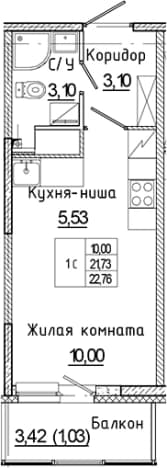 . Вариант № 1814832, 0, площадь - 21.73 квм, цена 4235434 рублей
