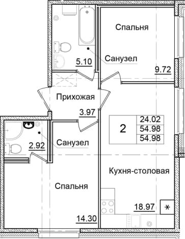 . Вариант № 2007849, 0, площадь - 54.98 квм, цена 9615023 рублей