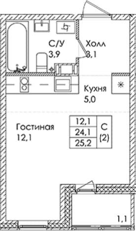 . Вариант № 1822063, 0, площадь - 24.1 квм, цена 3951000 рублей