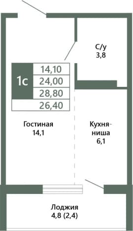 . Вариант № 1712058, 0, площадь - 26.4 квм, цена 4520000 рублей