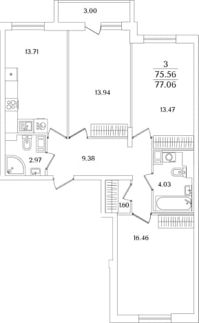. Вариант № 1827516, 0, площадь - 75.56 квм, цена 24605233 рублей