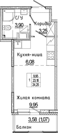 . Вариант № 1814909, 0, площадь - 23.18 квм, цена 4275673 рублей