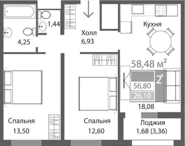 . Вариант № 2125576, 0, площадь - 56.8 квм, цена 9326040 рублей