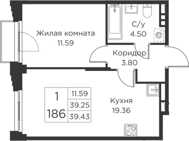 . Вариант № 2393419, 0, площадь - 39.25 квм, цена 11999338 рублей