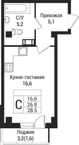 . Вариант № 1864495, 0, площадь - 26.9 квм, цена 4221100 рублей