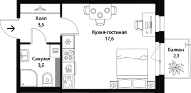 . Вариант № 1863707, 0, площадь - 24.61 квм, цена 6184332 рублей