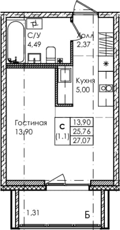 . Вариант № 1834398, 0, площадь - 25.76 квм, цена 10359000 рублей