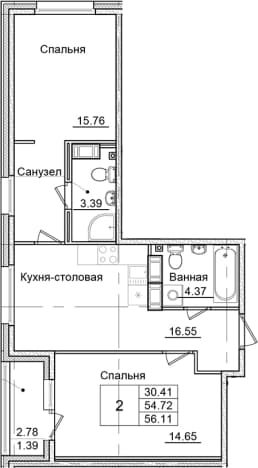. Вариант № 1826770, 0, площадь - 54.72 квм, цена 10614578 рублей