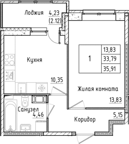 . Вариант № 1814248, 0, площадь - 33.79 квм, цена 7065318 рублей