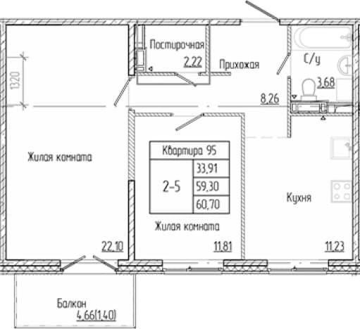 . Вариант № 1905848, 0, площадь - 59.3 квм, цена 10349350 рублей