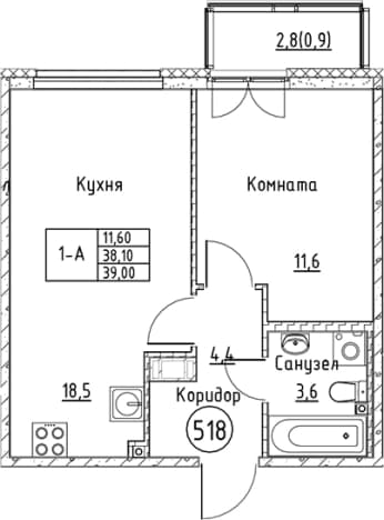 . Вариант № 1830956, 0, площадь - 38.1 квм, цена 9577744 рублей