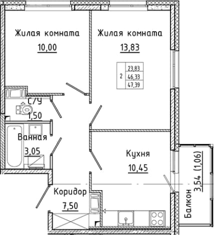 . Вариант № 2340800, 0, площадь - 46.33 квм, цена 10843493 рублей