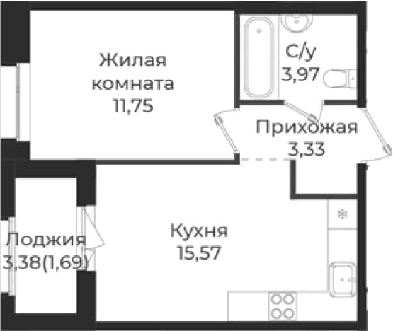 . Вариант № 1838856, 0, площадь - 34.62 квм, цена 5653467 рублей