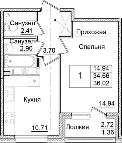 . Вариант № 2007896, 0, площадь - 34.66 квм, цена 6876927 рублей