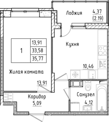 . Вариант № 1814510, 0, площадь - 33.58 квм, цена 7055423 рублей