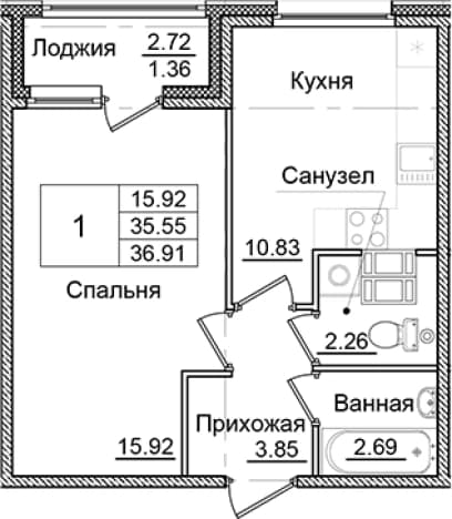 . Вариант № 1910174, 0, площадь - 35.55 квм, цена 6616755 рублей