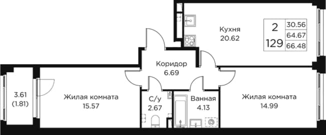 . Вариант № 2393469, 0, площадь - 64.67 квм, цена 18880320 рублей
