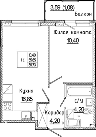 . Вариант № 1851896, 0, площадь - 35.65 квм, цена 6409642 рублей