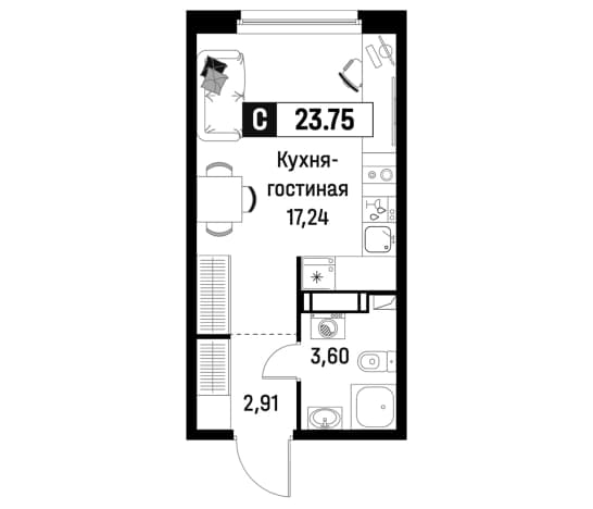 . Вариант № 1834894, 0, площадь - 23.75 квм, цена 4553810 рублей