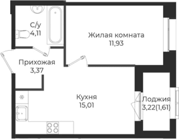 . Вариант № 1839233, 0, площадь - 34.42 квм, цена 5658512 рублей