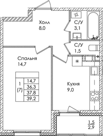 . Вариант № 1819664, 0, площадь - 36.4 квм, цена 6183688 рублей