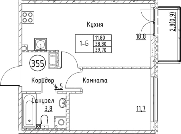 . Вариант № 1830957, 0, площадь - 38.8 квм, цена 7995085 рублей