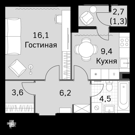 . Вариант № 2339623, 0, площадь - 38.9 квм, цена 24720950 рублей