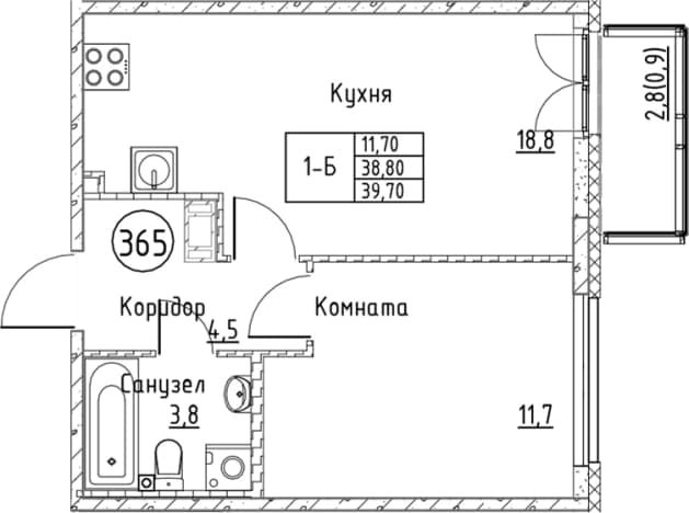 . Вариант № 1830960, 0, площадь - 38.8 квм, цена 8277700 рублей
