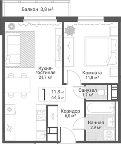 . Вариант № 2234283, 0, площадь - 44.5 квм, цена 15200000 рублей