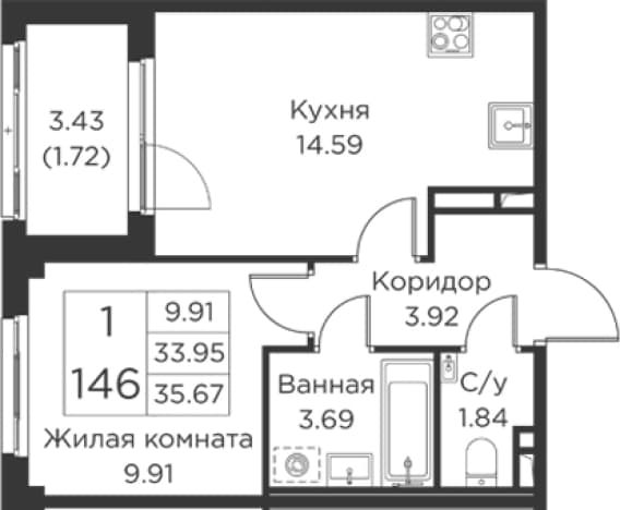. Вариант № 2393927, 0, площадь - 33.95 квм, цена 10626806 рублей