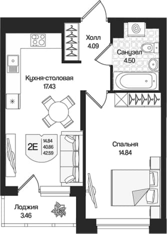 . Вариант № 1919041, 0, площадь - 40.86 квм, цена 10524151 рублей