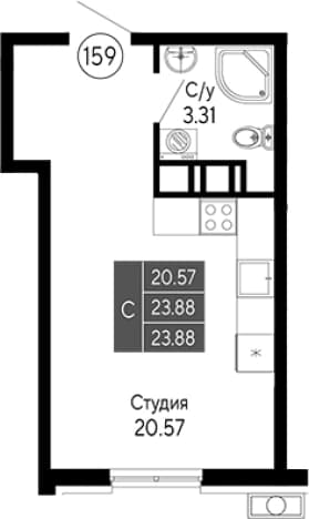 . Вариант № 2111227, 0, площадь - 23.88 квм, цена 7641600 рублей