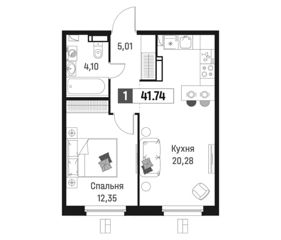 . Вариант № 1835638, 0, площадь - 41.74 квм, цена 8811596 рублей