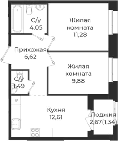 . Вариант № 1838955, 0, площадь - 45.93 квм, цена 7891727 рублей