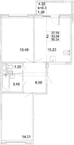. Вариант № 2299310, 0, площадь - 53.98 квм, цена 13257600 рублей