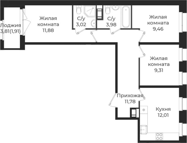 . Вариант № 1839017, 0, площадь - 61.44 квм, цена 10663706 рублей