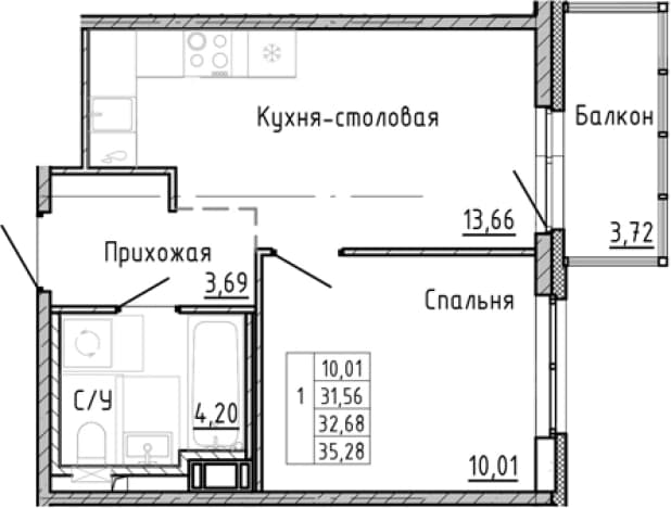 . Вариант № 1878457, 0, площадь - 28.96 квм, цена 9934720 рублей