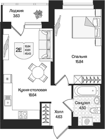 . Вариант № 1919071, 0, площадь - 43.61 квм, цена 11170075 рублей