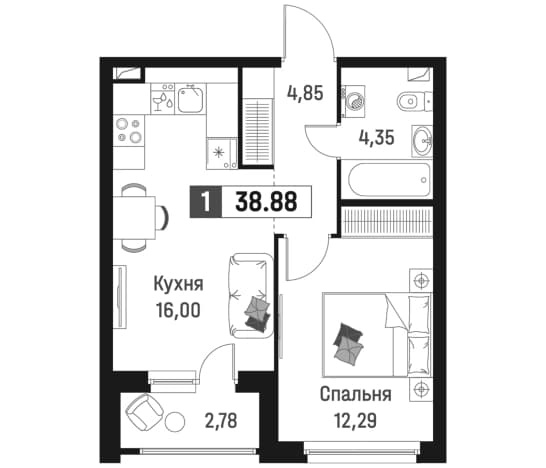 . Вариант № 1835085, 0, площадь - 37.49 квм, цена 8252863 рублей