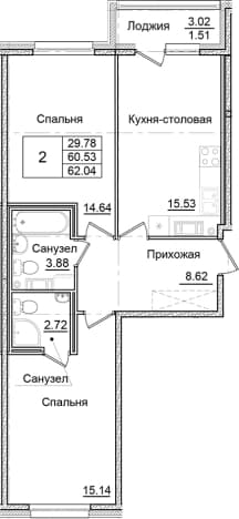 . Вариант № 2261400, 0, площадь - 60.53 квм, цена 11105161 рублей