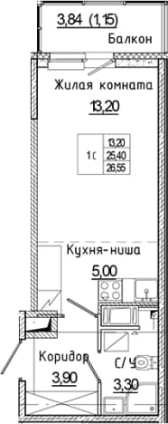 . Вариант № 1814849, 0, площадь - 25.4 квм, цена 5544351 рублей