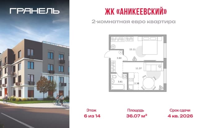 . Вариант № 2202598, 0, площадь - 36.07 квм, цена 7894913 рублей