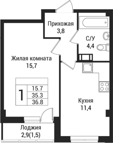 . Вариант № 1864415, 0, площадь - 35.3 квм, цена 4967400 рублей