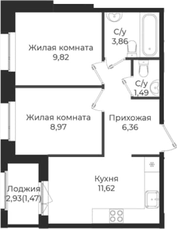 . Вариант № 1839284, 0, площадь - 42.12 квм, цена 7414659 рублей
