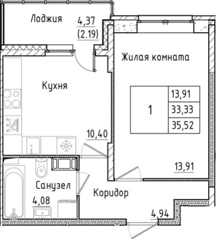 . Вариант № 1814288, 0, площадь - 33.33 квм, цена 6814543 рублей