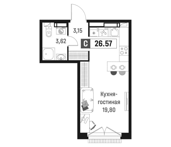 . Вариант № 1835579, 0, площадь - 26.57 квм, цена 5546770 рублей