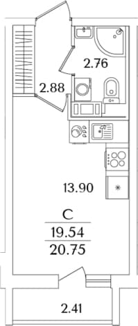 . Вариант № 1827541, 0, площадь - 19.54 квм, цена 7614006 рублей