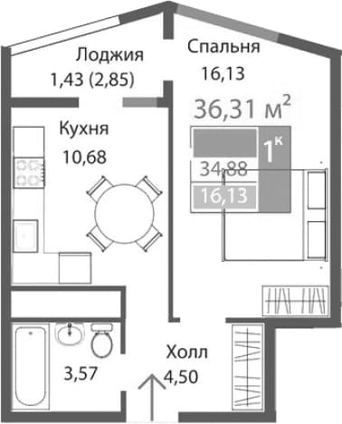 . Вариант № 2125632, 0, площадь - 34.88 квм, цена 5809600 рублей