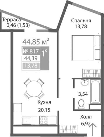 . Вариант № 2125669, 0, площадь - 44.39 квм, цена 7760844 рублей